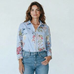 Chico’s Blue White Striped Floral Button Down Tunic Shirt Size 0 (US 4/6)